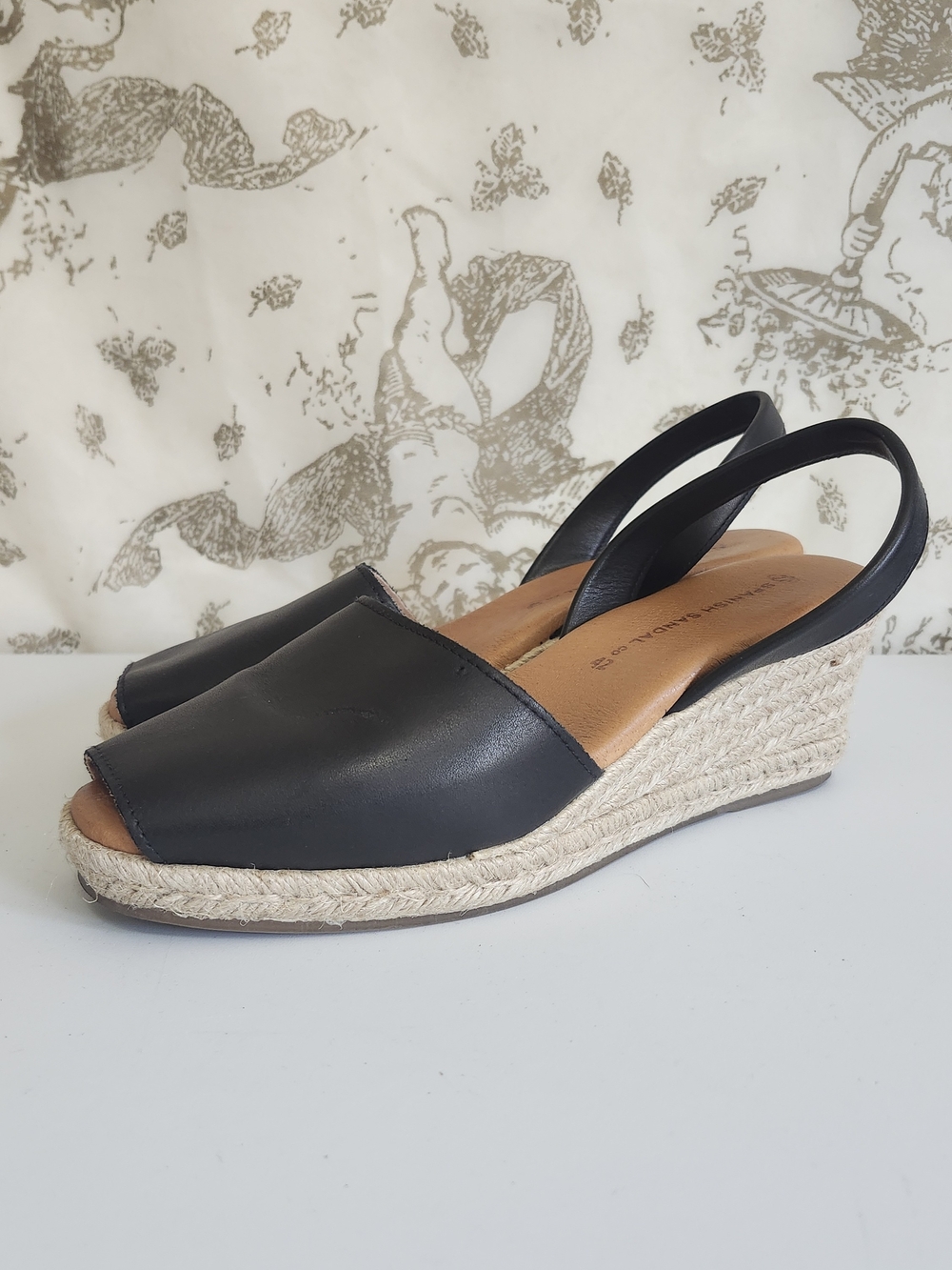 The Spanish Sandal Black Leather Espadrille Wedge Slingback Sandals 10.5/42